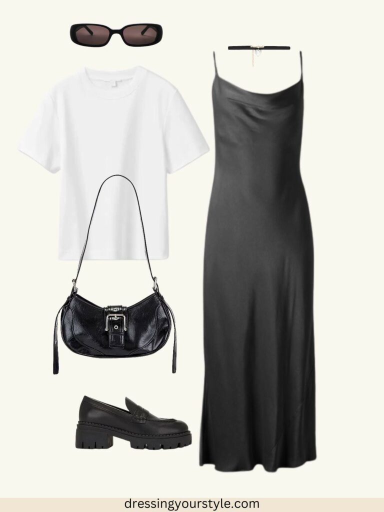 Late summer outfit with black slip dress, white tee and black loafers.