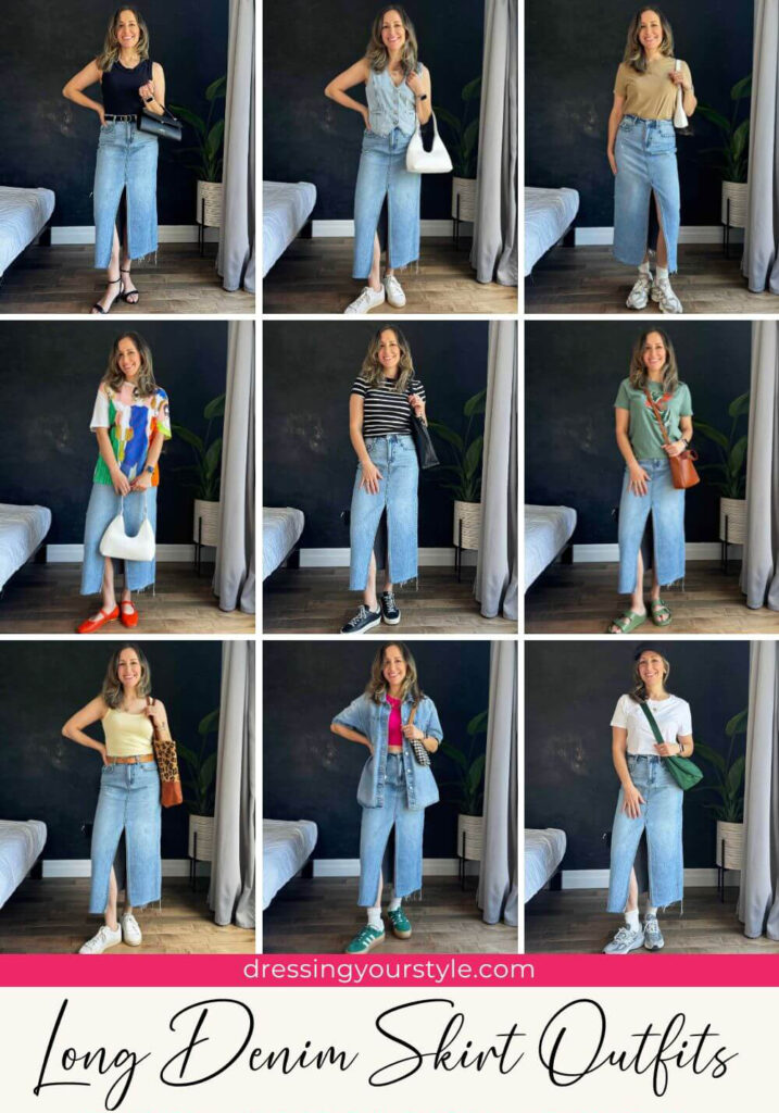 Collage of 9 women wearing different double denim outfits with text highlighting the subject underneath.