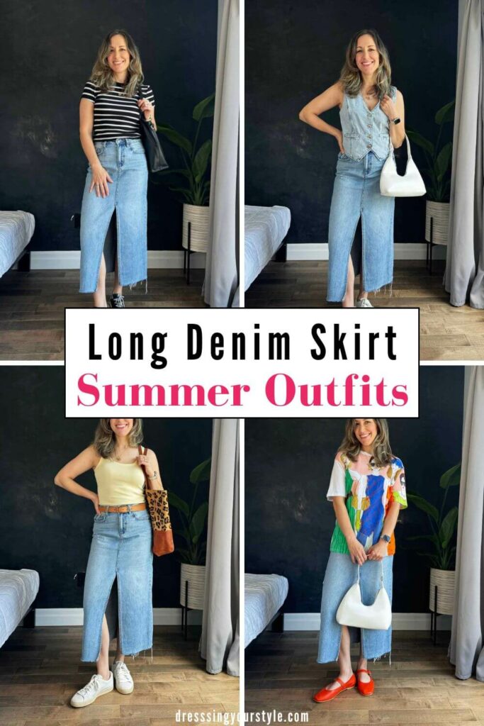 Collage of 4 women wearing different long denim summer outfits with text reading long denim skirt summer outfits.