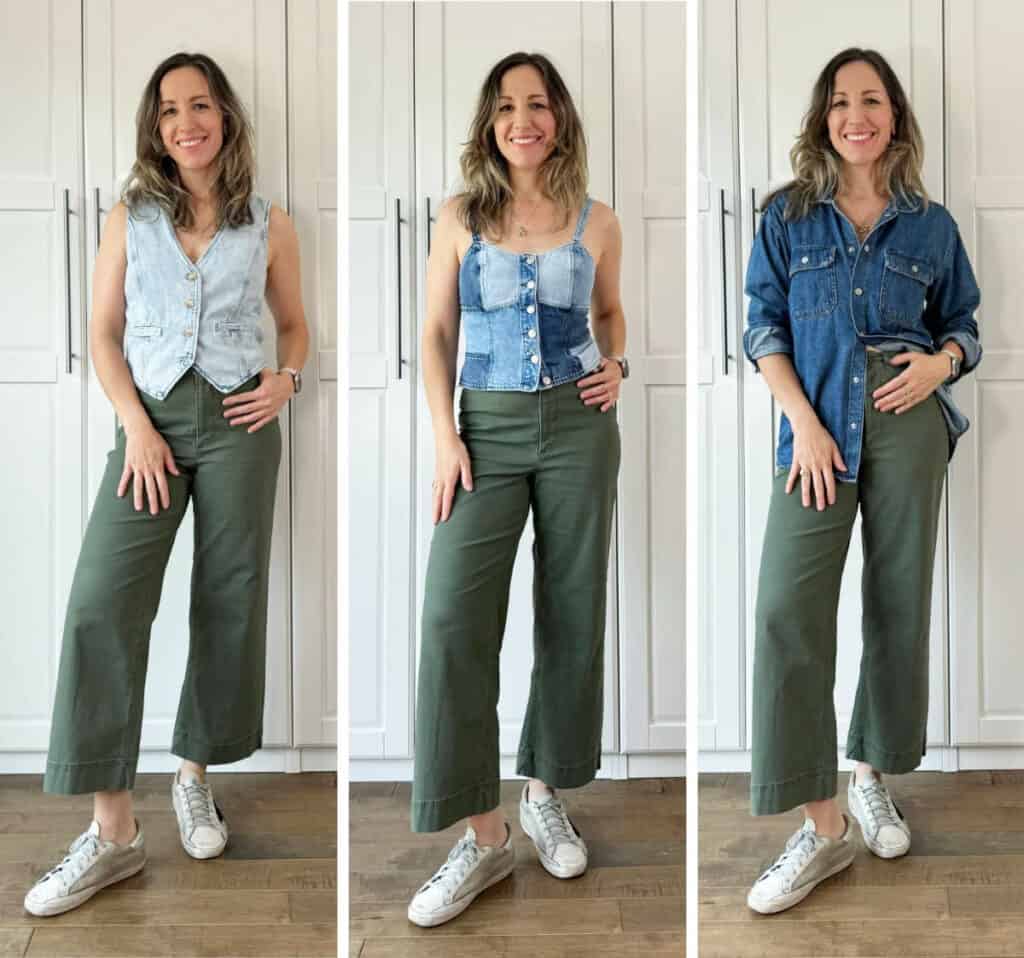 Collage of woman wearing various shades of denim tops with olive green pants.