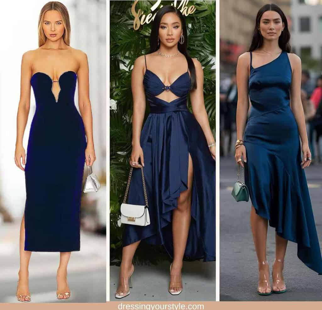 Collage of 3 women wearing a navy blue dress with clear heels and silver, white and green purse.