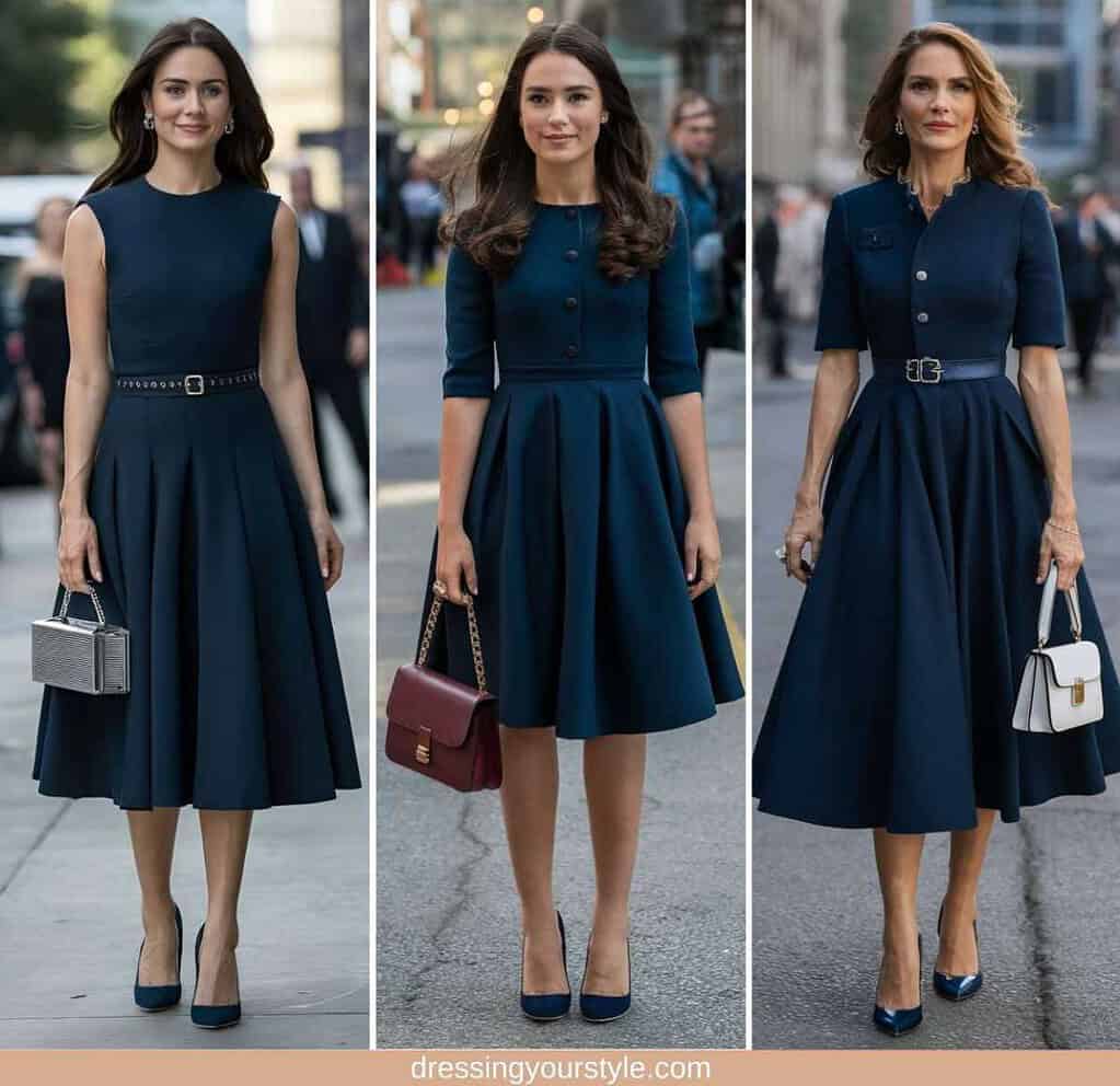 Collage of 3 women wearing a navy blue dress with navy shoes and silver metallic, burgundy and white purse.