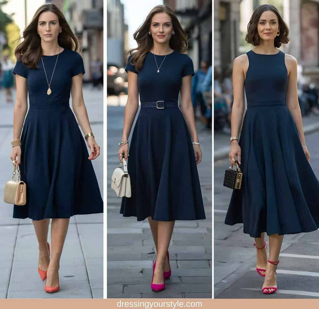 Collage of 3 women wearing a navy blue dress with pink shoes and gold metallic, white and black purse.