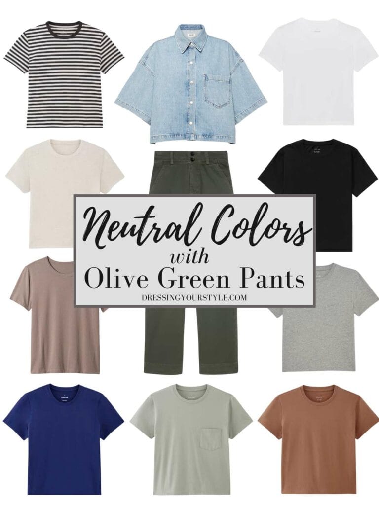 Collage of neutral colors tops and olive green pants