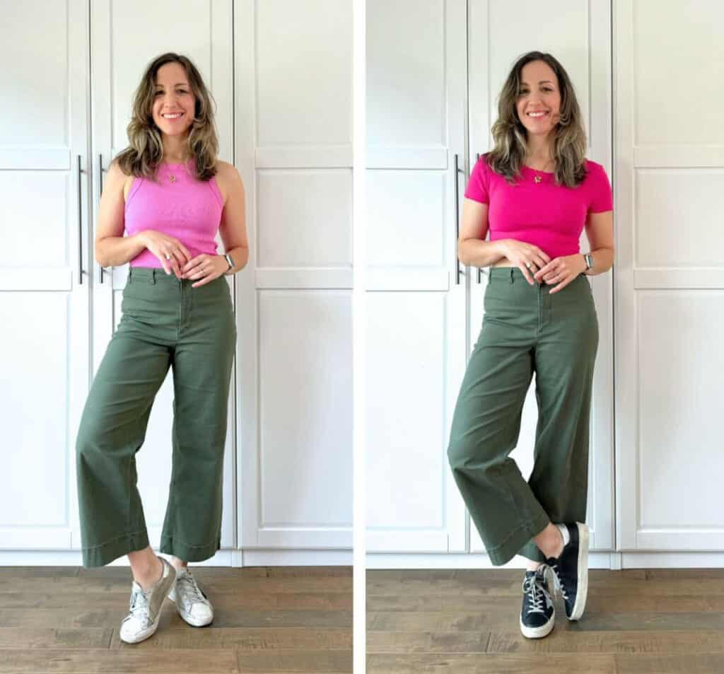 Pink shirt olive green pants online