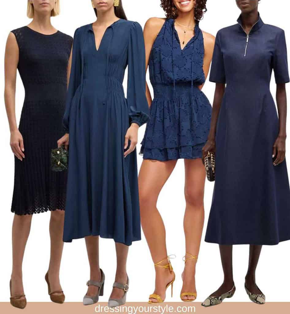 Collage of 4 women wearing a navy blue dress with brown, grey, yellow and animal print shoes.