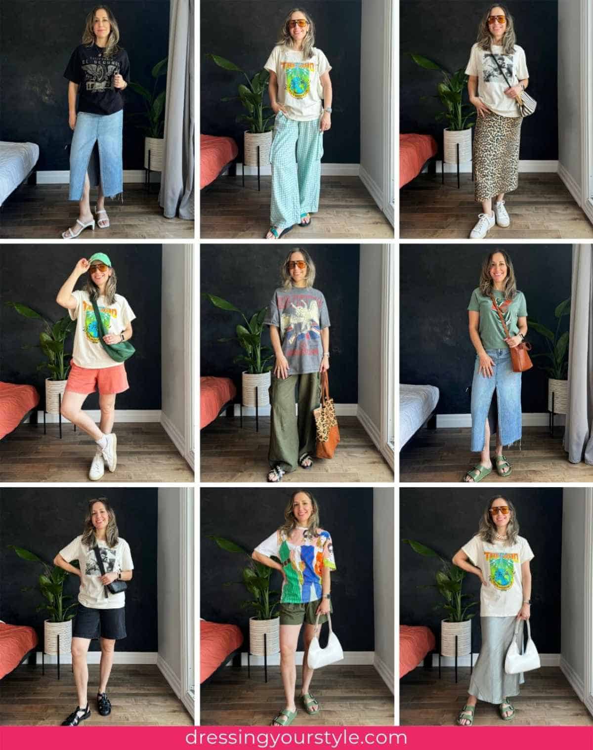 Collage of woman wearing graphic t-shirt outfits for summer in multiple ways.