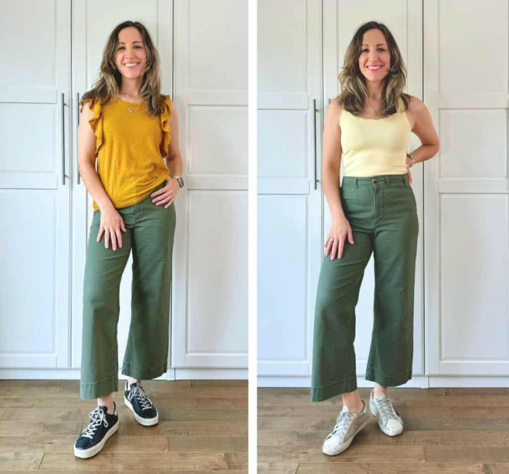 Collage of woman wearing mustard and mellow yellow tops with olive green pants..