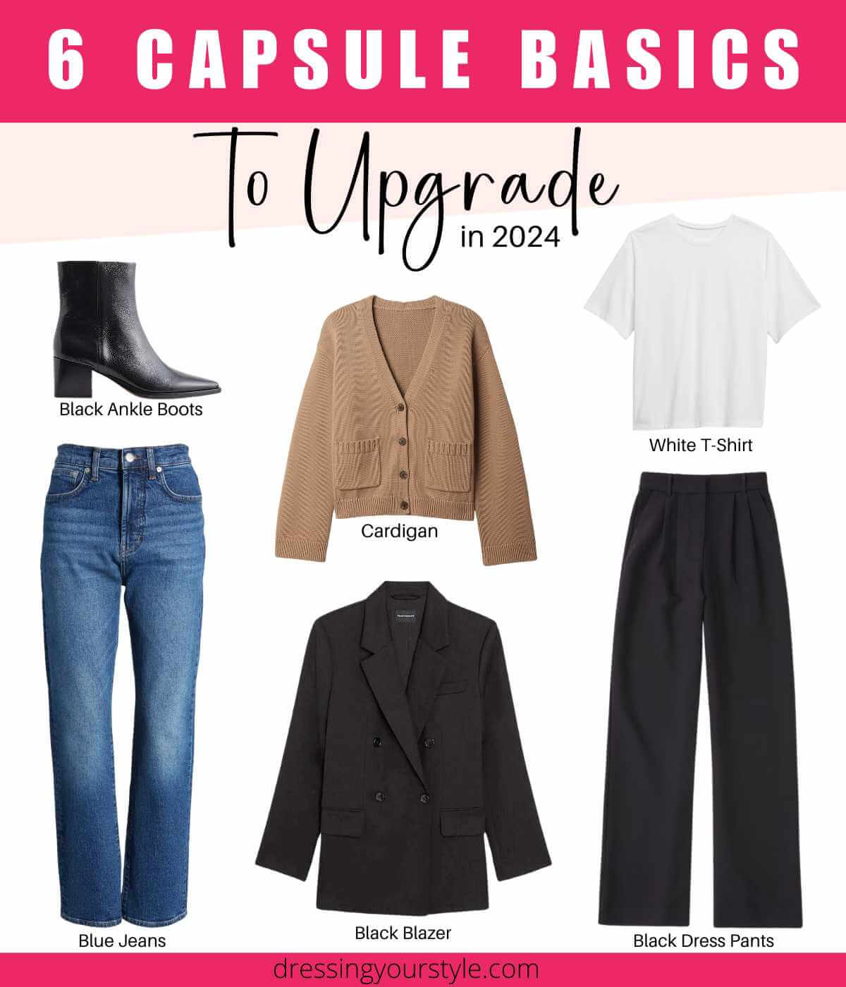 Collage of 6 capsule wardrobe essentials updated for Fall 2024.