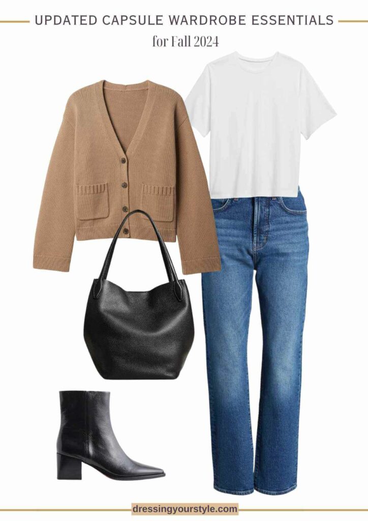 Flatlay of blue jeans outfit with white tshirt black tote bag and black ankle boots.