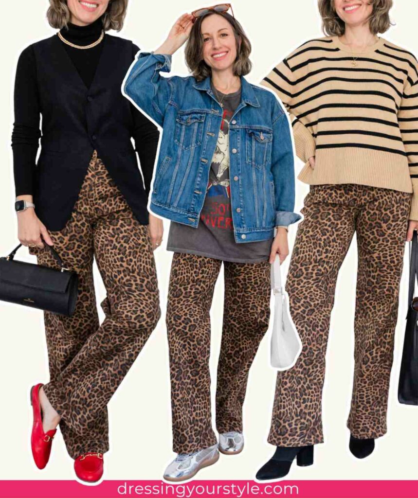 COllage of 3 women wearing different outfits with cheetah print pants.