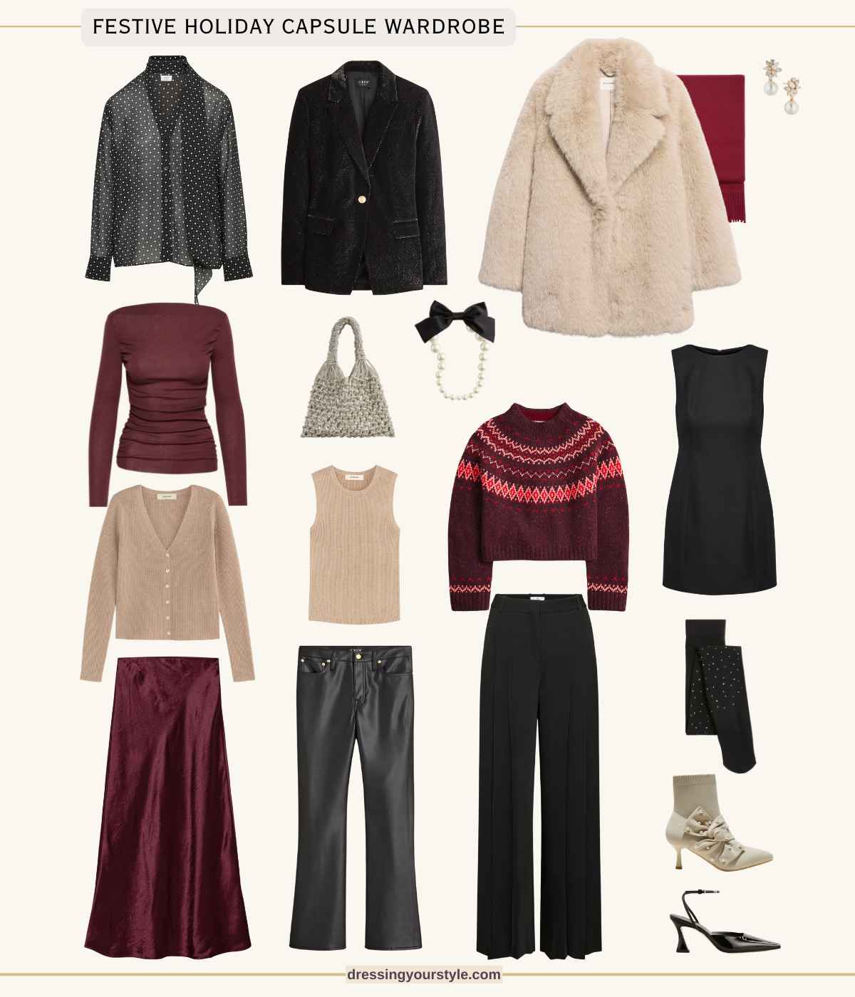 Burgundy/Beige Dressy Festive Christmas Capsule Wardrobe + 14 Holiday Party Outfits